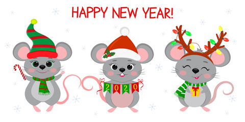 Merry Christmas and happy new year 2020. Three cute mouse rats in different New Year s costumes and with different holiday items. Cartoon, flat style, vector