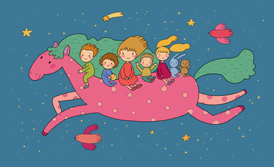 Cute cartoon children are flying on a magic horse. Children s party birthday greeting card.