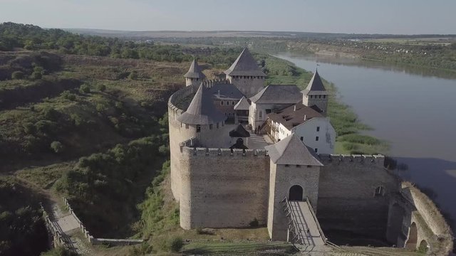 The aerial view of Khotyn fortress Ukraine, Chernivtsi region . The beautiful old castle stands on the bank of the Dnister river. Nowadays it is popular ukrainian touristic destination