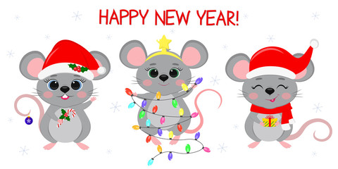 Merry Christmas and happy new year 2020. Three cute mouse rats in different New Year s costumes and with different holiday items. Cartoon, flat style, vector