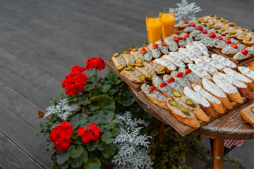 rustic European cuisine food photography background of sandwiches with paste and vegetables in exterior outdoor yard space 