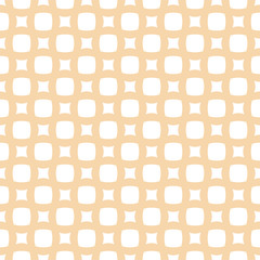 Vector geometric wicker seamless pattern. Simple ornament with grid, mesh, net, weave, lattice, rounded shapes, small circles, squares. Abstract white and yellow background. Natural organic style