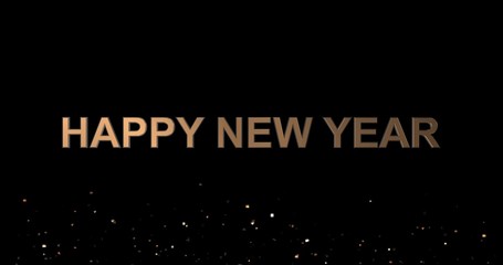Happy New Year golden sign background with falling glittering and shimmering confetti. 3D rendering