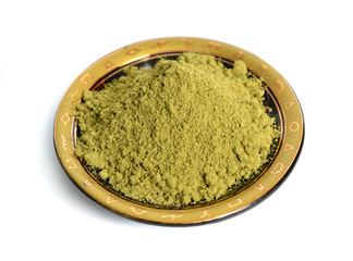 Henna powder. plant Lawsonia inermis. Isolated on white background