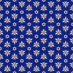 Vector floral seamless pattern. Elegant Christmas background. Dark blue and yellow geometric texture with small flowers, stars, triangles. Winter holiday ornament. Design for decoration, gift paper