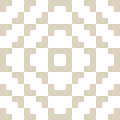 Golden vector geometric traditional ornament. Fair isle seamless pattern. Tribal ethnic motif. Ornamental folklore texture with squares, crosses, flower shapes. Simple white and gold repeat background