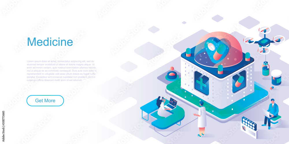 Poster Medicine landing page vector template. Emergency health care aid website header UI layout with isometric illustration. Medicaments and prescription laboratory web banner isometry concept