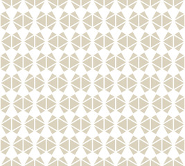 Vector golden abstract geometric seamless pattern. Simple white and gold ornament texture with triangles, diamond shapes, net, grid. Stylish modern geometry background. Luxury repeat design for decor