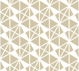 Golden vector geometric seamless pattern with triangles, rhombuses, grid, net, triangular mesh. Elegant gold and white texture. Abstract minimal background. Repeat design for decor, wallpapers, print