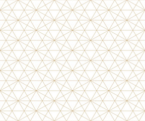 Golden lines pattern. Vector geometric seamless texture with delicate grid, thin diagonal lines, hexagons, triangles. Abstract white and gold graphic background. Subtle repeat ornament. Premium design