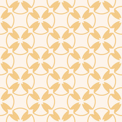 Vector geometric seamless pattern. Simple texture with crosses, circles, rounded shapes, propellers. Abstract background in beige and yellow colors. Natural organic style texture. Repeatable design