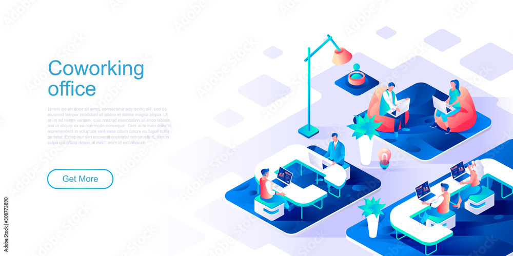 Poster coworking office landing page vector template. freelance startup team website header ui layout with 