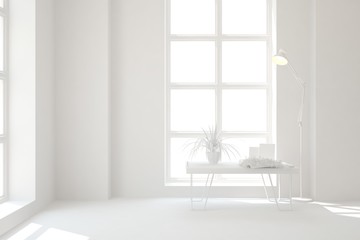 Empty room in white color. Scandinavian interior design. 3D illustration