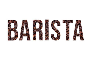 Stencil word barista on textured background of coffee bean