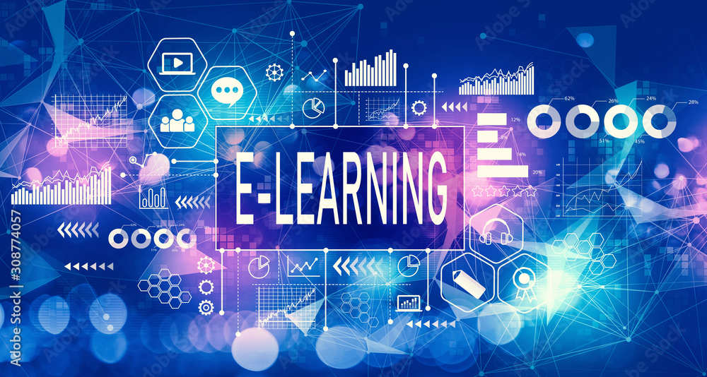 Poster e-learning concept with technology blurred abstract light background
