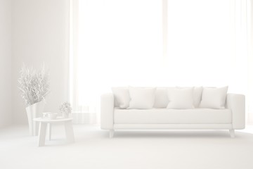 Mock up of stylish room in white color with sofa. Scandinavian interior design. 3D illustration