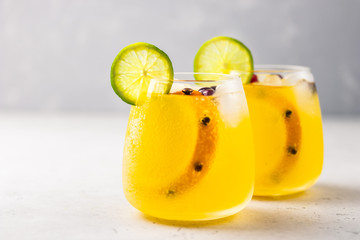 Christmas sparkling citrus cranberry cocktail. Selective focus, copy space.