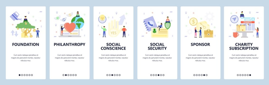 Mobile app onboarding screens. Charity foundation, money tree, business deal, social security. Menu vector banner template for website and mobile development. Web site design flat illustration