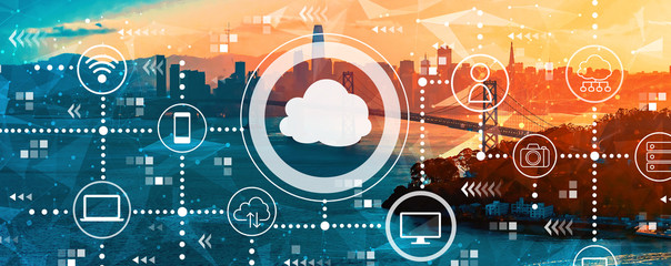 Cloud computing with aerial view of the Bay Bridge in San Francisco