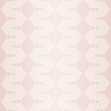 Pink vector geometric seamless pattern with stars, thin broken lines, zigzag, net, mesh, lattice. Simple rose gold geometrical background. Abstract linear texture. Repeated design for decor, print