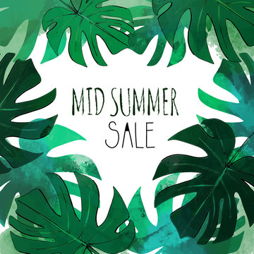 Vector Background Mid Summer Sale Tropical Leaves