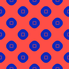 Vector minimalist geometric seamless pattern with circles, squares, dots. Colorful funky style texture. Trendy bright colors, red and electric blue. Retro 80-90's fashion background. Repeating design