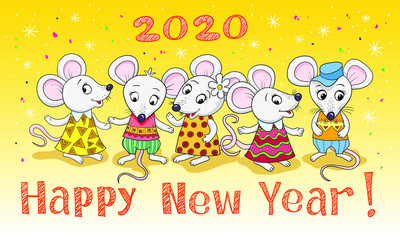 Party of funny mice, symbol of 2020. Banner for your design, greeting card, hand drawing, cartoon style.