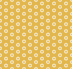 Vector abstract geometric background with flower shapes, stars. Simple floral seamless pattern in yellow mustard color. Minimal repeatable texture. Design for decor, print, wallpapers, textile, cloth