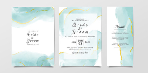 Blue watercolor wedding invitation card template set with gold glitter. Abstract background save the date, invitation, greeting card, multi-purpose vector