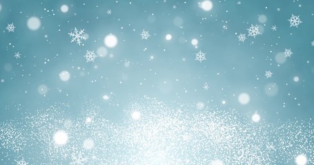 Fototapeta premium Snowflakes and bokeh lights on the blue Merry Christmas background. 3D rendering