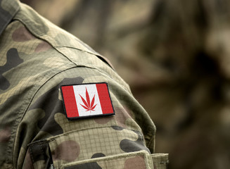 Cannabis in Canada. Canada flag with cannabis leaf on military uniform. Canada flag with marijuana leaf. Cannabis legalization in Canada. Cannabis in Armed Forces.
