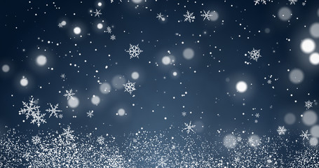 Obraz premium Snowflakes and bokeh lights on the blue Merry Christmas background. 3D rendering