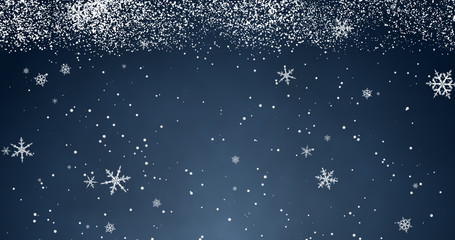 Snowflakes and bokeh lights on the blue Merry Christmas background. 3D rendering