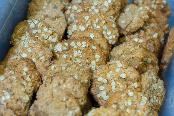 Oatmeal cookies in the store on tray