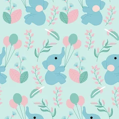 Wallpaper murals Animals with balloon baby elephant and. flowers in a seamless pattern design