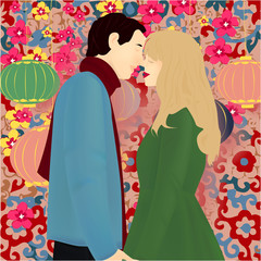 Banner with happy couple on abstract background in Chinese style with flowers - obrazy, fototapety, plakaty