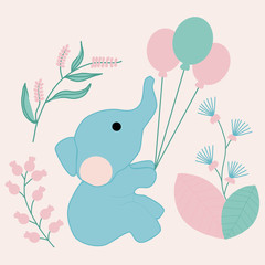vector illustration with cute elephant and pastel flowers