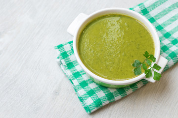 top view of vegetable broth dish, mash or cream