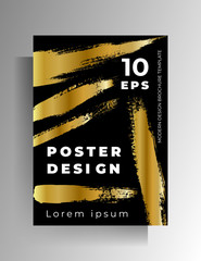 Design poster template with golden brush strokes. Hand-drawn illustration on a black background. EPS 10 vector
