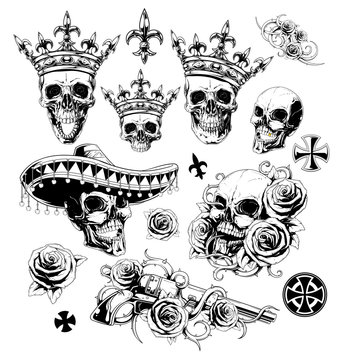 Graphic detailed black and white human skulls in crown with roses, sombrero and revolver. Isolated on white background. Big vector icon set.