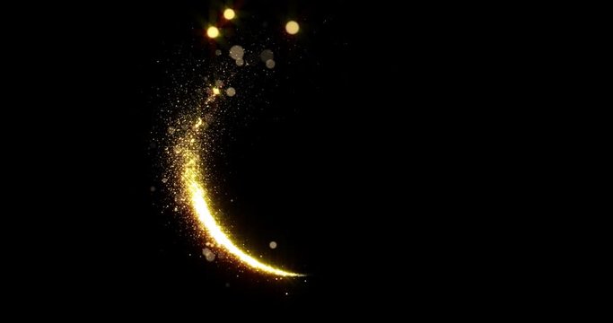 Gold glitter circle of light shine sparkles and golden spark particles spin trail on black background. Christmas magic stars glow, firework confetti of glittery ring shimmer