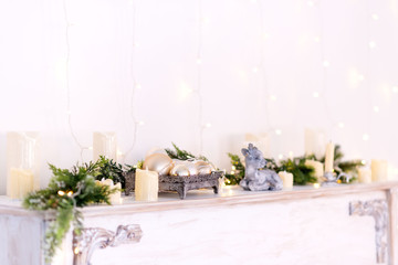New Year 2020. Christmas beautiful bokeh lights on Golden warm background. Christmas toy. Golden abstract, blinking, blurred, soft focus, out of focus, blur.