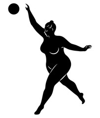 Gymnastics Silhouette of a girl with a ball. The woman is overweight, a large body. The girl is a full figure. Vector illustration