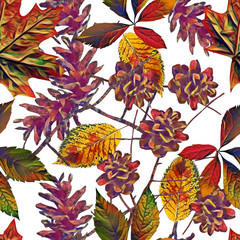 Pine cones with leaves seamless pattern.