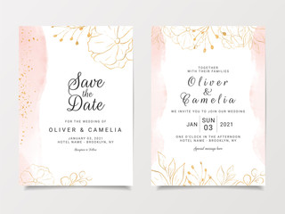 Watercolor wedding invitation card template set with gold floral decoration. Abstract background save the date, invitation, greeting card, multi-purpose vector