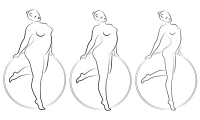 Collection. Silhouette of a cute lady, she is engaged in rhythmic gymnastics with a hoop. The woman is overweight and a slender girl athlete. Vector illustration set.