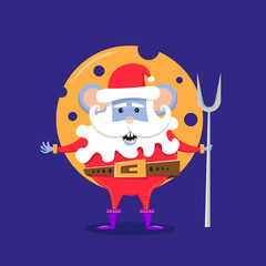 Year of the rat santa claus with cheese. Zodiac sign for greetings card. Vector illustration.
