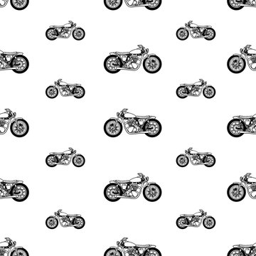 Seamless pattern with vintage motorcycles black silhouettes. isolated on white background.