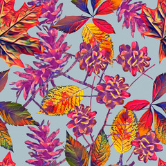 Pine cones with leaves seamless pattern.