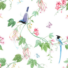 Fototapety  Akwarela wektor kwiatowy wzór z niebieskie ptaki rajskie i różowe delikatne kwiaty. Białe tło. Ilustracji.